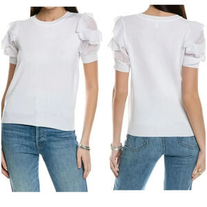 Nanette Lepore White Knit Sweater w/ Layered Chiffon Ruffle Sleeves, EUC!
